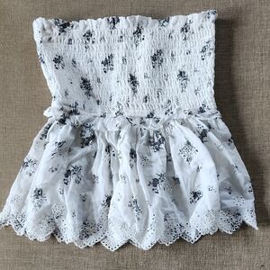 American Eagle Outfitters White Strapless Smocked Floral Eyelet Top